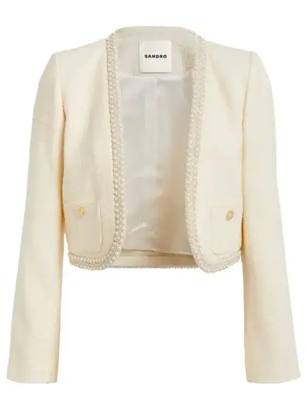 Sandro Tweed Beaded Crop Jacket with Pearl Detail Cream